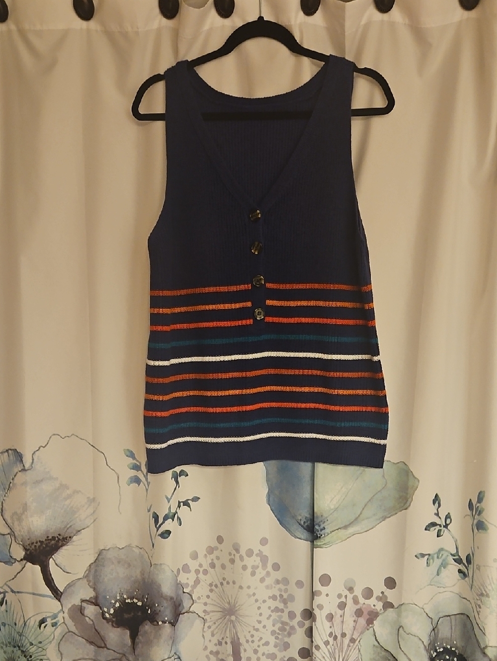 Amazon Navy Ribbed V-Neck Tank with Orange, Teal & White Stripes WashNever Worn
